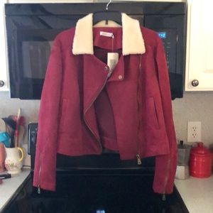 Burgundy Jacket suede-like with faux fur collar